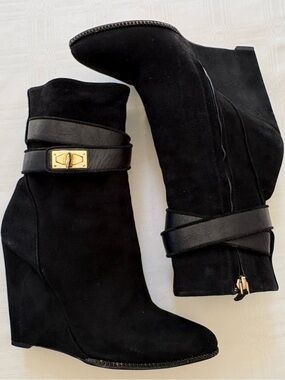 Givenchy Black Suede Wedge Ankle Boots Gold-Tone Shark Tooth Clasp • Size 40.5